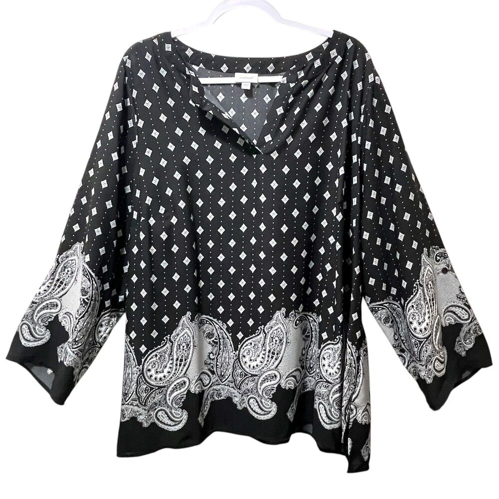 Avenue Paisley Blouse 22 24 Black White Roll Tab Sleeve Top, Office Casual